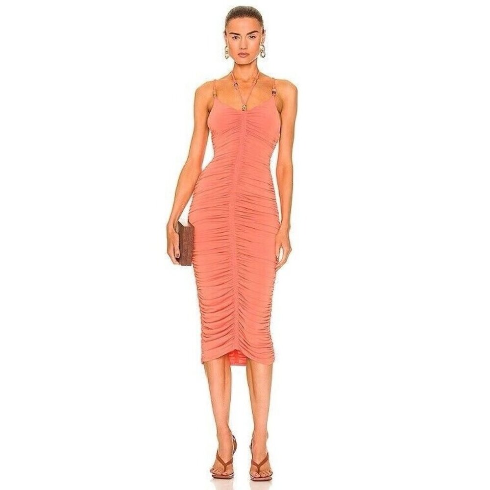 NEW $495 A.L.C. Womens XS Allegra Ruched Bead Embellished Midi Dress‎ Orange